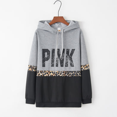 Autumn and Winter New European and American Fashion PINK Alphabet Printed Long Sleeve Leopard Patterned Sanitary Clothing