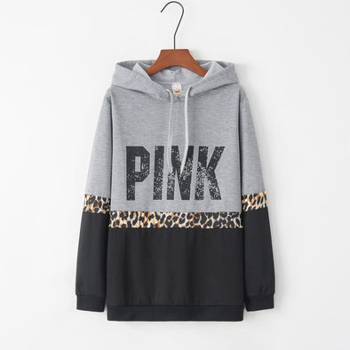 Autumn and Winter New European and American Fashion PINK Alphabet Printed Long Sleeve Leopard Patterned Sanitary Clothing
