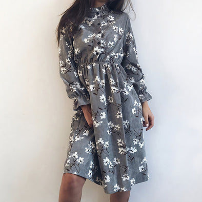 Winter Korean Print Flowers Women Kawaii Dress Vintage Long Sleeve Mid-Calf Party Dress Button O-Neck Vestidos Cute Clothing