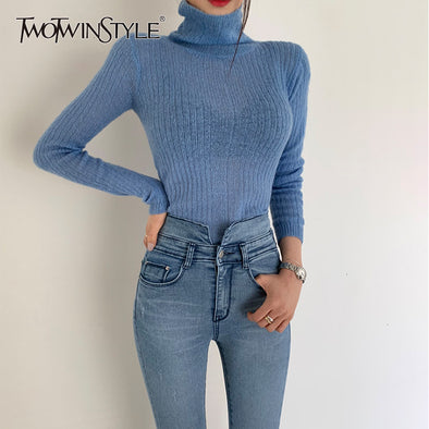 TWOTWINSTYLE White Korean Knitted Sweater For Women Turtleneck Long Sleeve Autumn Slim Pullover Female Clothing Fashion New 2019