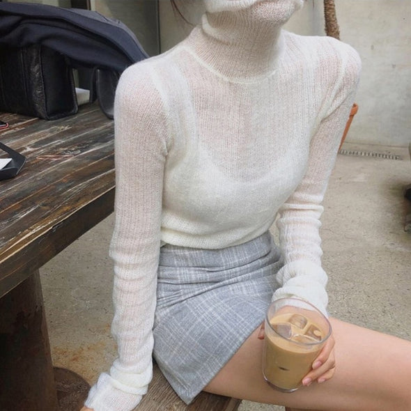TWOTWINSTYLE White Korean Knitted Sweater For Women Turtleneck Long Sleeve Autumn Slim Pullover Female Clothing Fashion New 2019