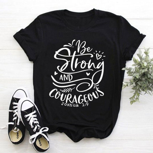 Be Strong and Courageous Christian T-Shirt Religious Clothing Bible Verse Vintage Tee Stylish Slogan Graphic Tops Jesus Outfits