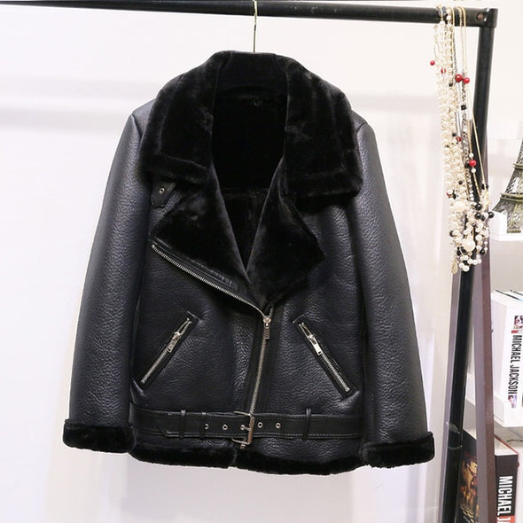 AOEMQ Retro New Lapel and Velvet Padded Fur One Coat Warm Fashion PU Leather Lamb Hair Motorcycle Clothing Bomber Jacket