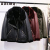 AOEMQ Retro New Lapel and Velvet Padded Fur One Coat Warm Fashion PU Leather Lamb Hair Motorcycle Clothing Bomber Jacket