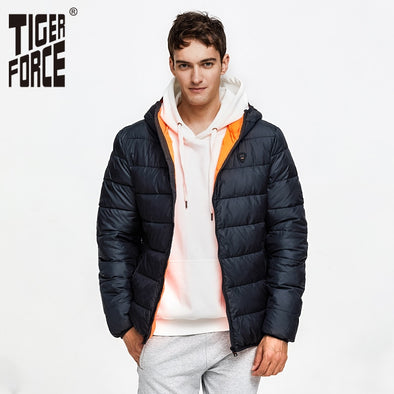 TIGER FORCE Men Puffer Jacket Spring Autumn Casual Hooded Coat Cotton Padded  Coat Men's Parkas Contrast Male Outerwear Clothing