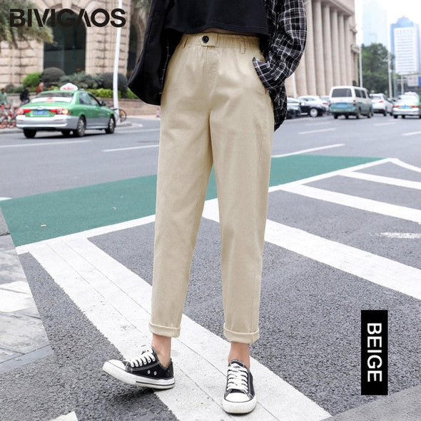 BIVIGAOS 2019 New Spring Women Clothing Straight Overalls Casual Harem Pants Korean Elastic Waist Triangle Buckle Cargo Pants